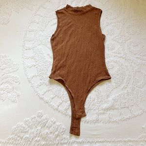 Brown textured mock neck body suit